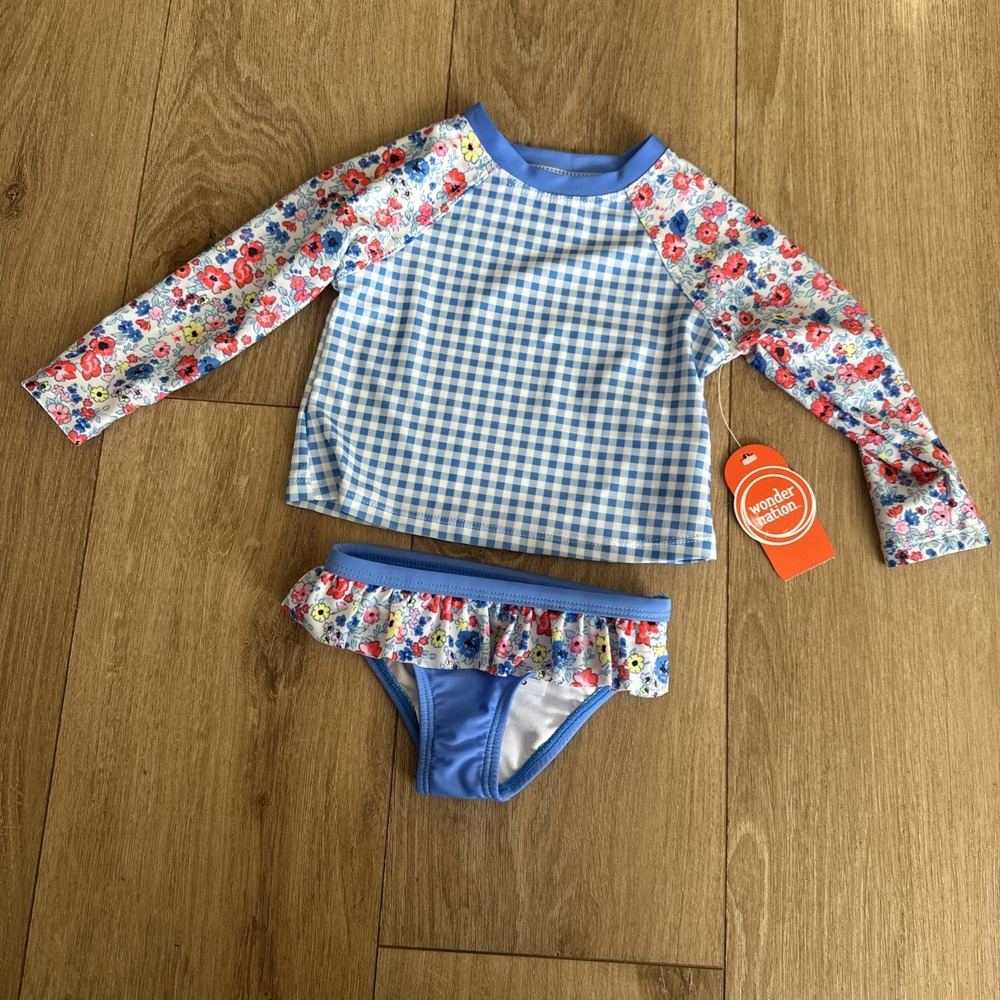 Wonder Nation 2-Piece Gingham Floral Rash Guard Swimsuit‎ Blue Infant Baby Girl